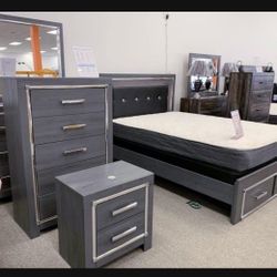 Gray LED Headboard Queen Panel Bed, Dresser , Mirror , Chest✅ Ashley 6 Pc Bedroom Set🤩 Brand New 👍