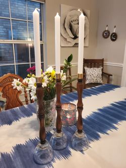 Trio handmade candlestick holders Turned wooden stems and clear glass bases