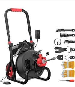 75 ft x 1/2 inch Upgraded Electric Sewer Drain Snake Auger with 8 Cutters and 1 Root Killer, for 2-4 inch Pipes, Auto Feed Plumbing Drain Cleaner Mach