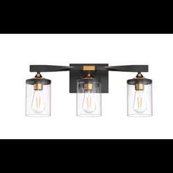 YANSUN 19.7 in. 3 Light Black and Gold Vanity Light with Clear Glass Shades