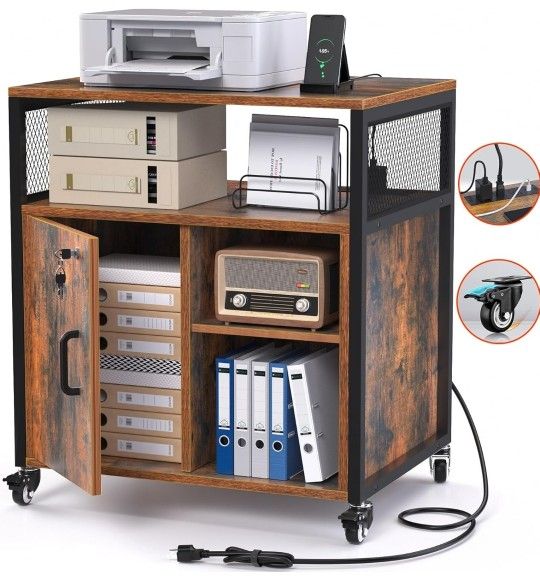 Braking Wheels Filing Cabinet with Lock, File Cabinets with Charging Station, Printer Stand with Storage for Office Home, A4 Letter Size File Folders
