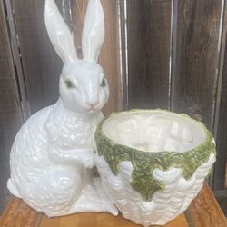 Vintage Fitz And Floyd Large Bunny Rabbit And Basket Planter Made In Japan