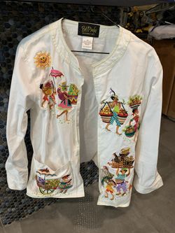 Bob Mackey Wearable Art White Denim Jacket Size Medium