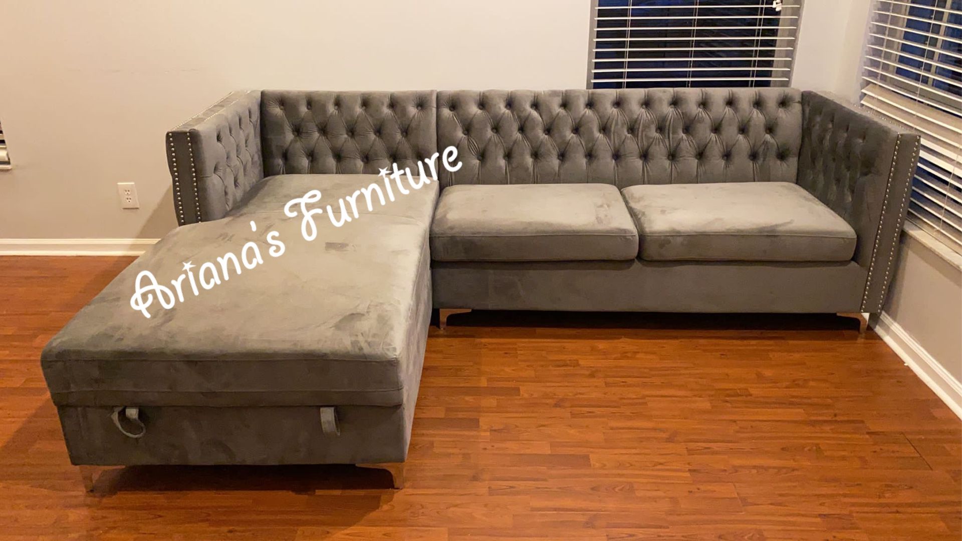 New Grey Velvet Sectional With Storage 