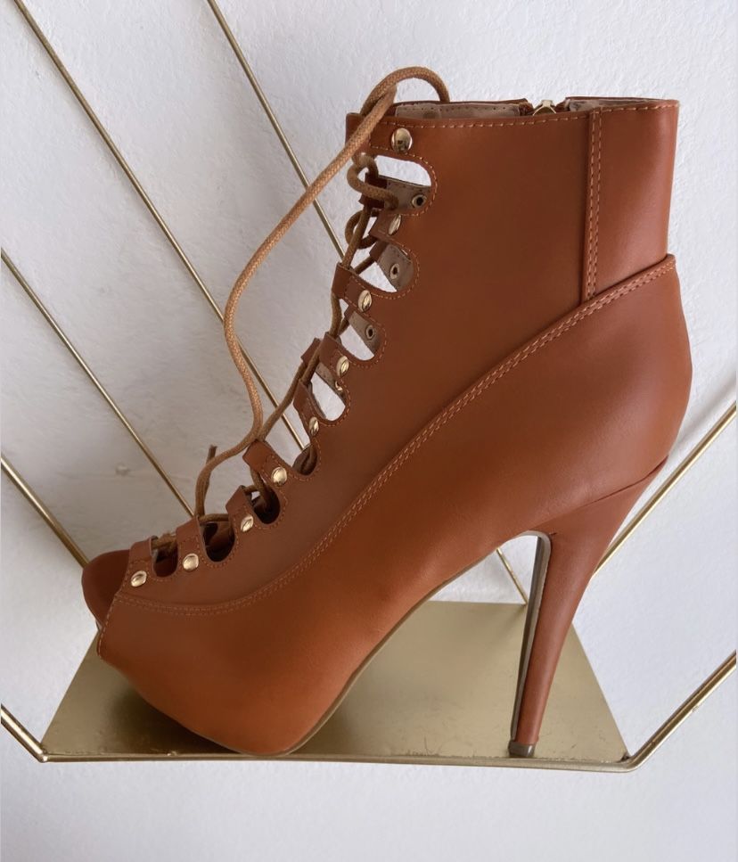 DbDk Fashion-Peep Toe Lace Up Heel Ankle Boots