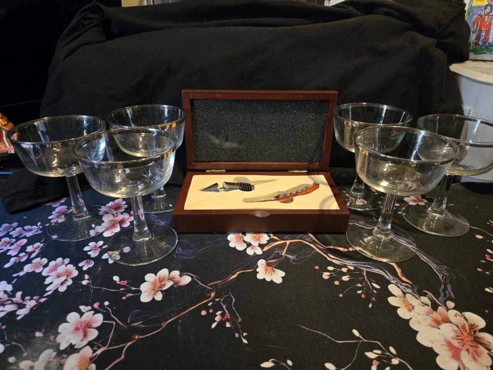 Crystal Cordial Stem Ball Glasses 6 Pcs And Wood Box Wine Opener Set