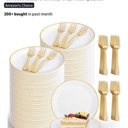 400Pcs Gold Dessert Plates 6.3" with Forks 5"- 200PCS