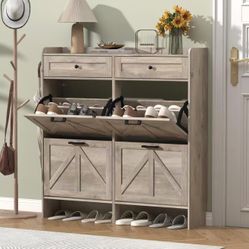  Thacuok Shoe Cabinet with 4 Flip Drawers & 2 Storage Drawers, Rustic Farmhouse Narrow Shoe Organizer Cabinet, Slim Shoe Rack Cabinet, Shoe Storage Ca