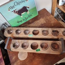 The Larger Rustic Wood Holder with metal handles. Use for plant vases or candles.  Center piece $10