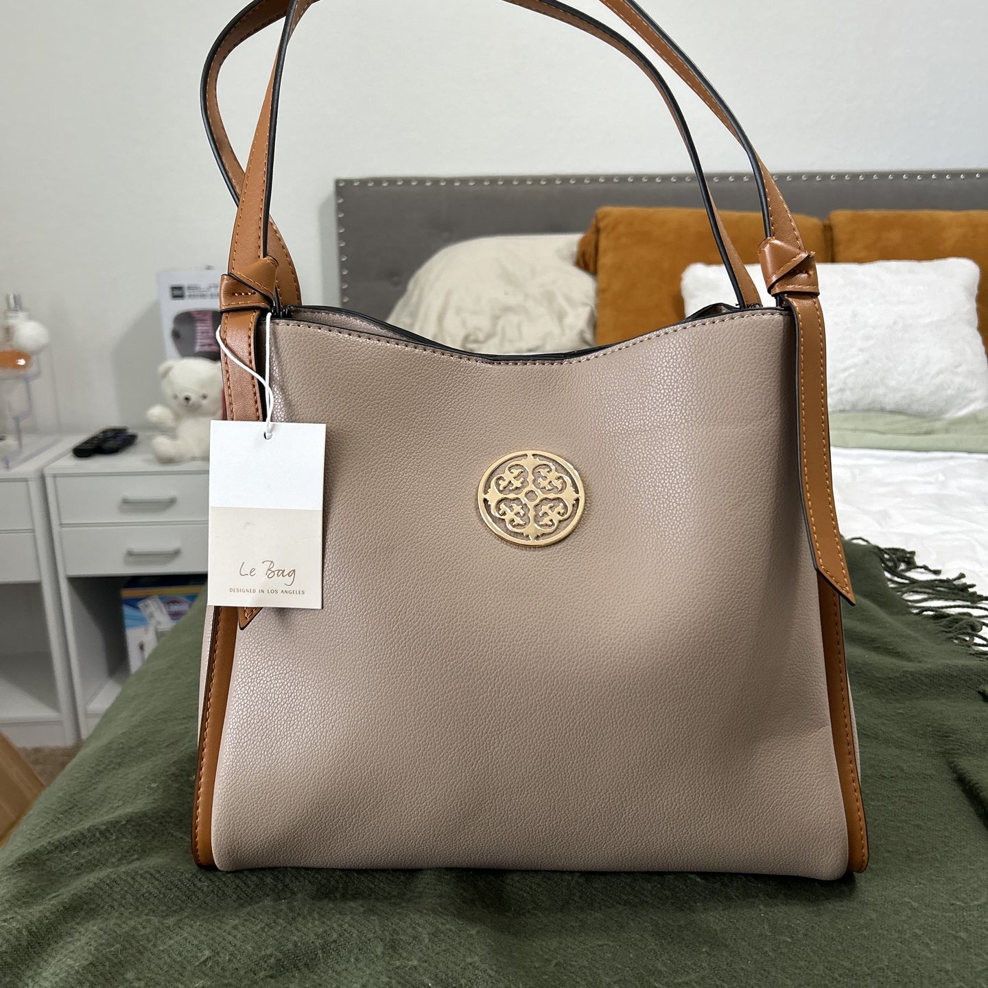 BRAND NEW, NEVER USED Le Bag Large Shoulder Handbag with Gold-Tone Accents, Taupe Gray