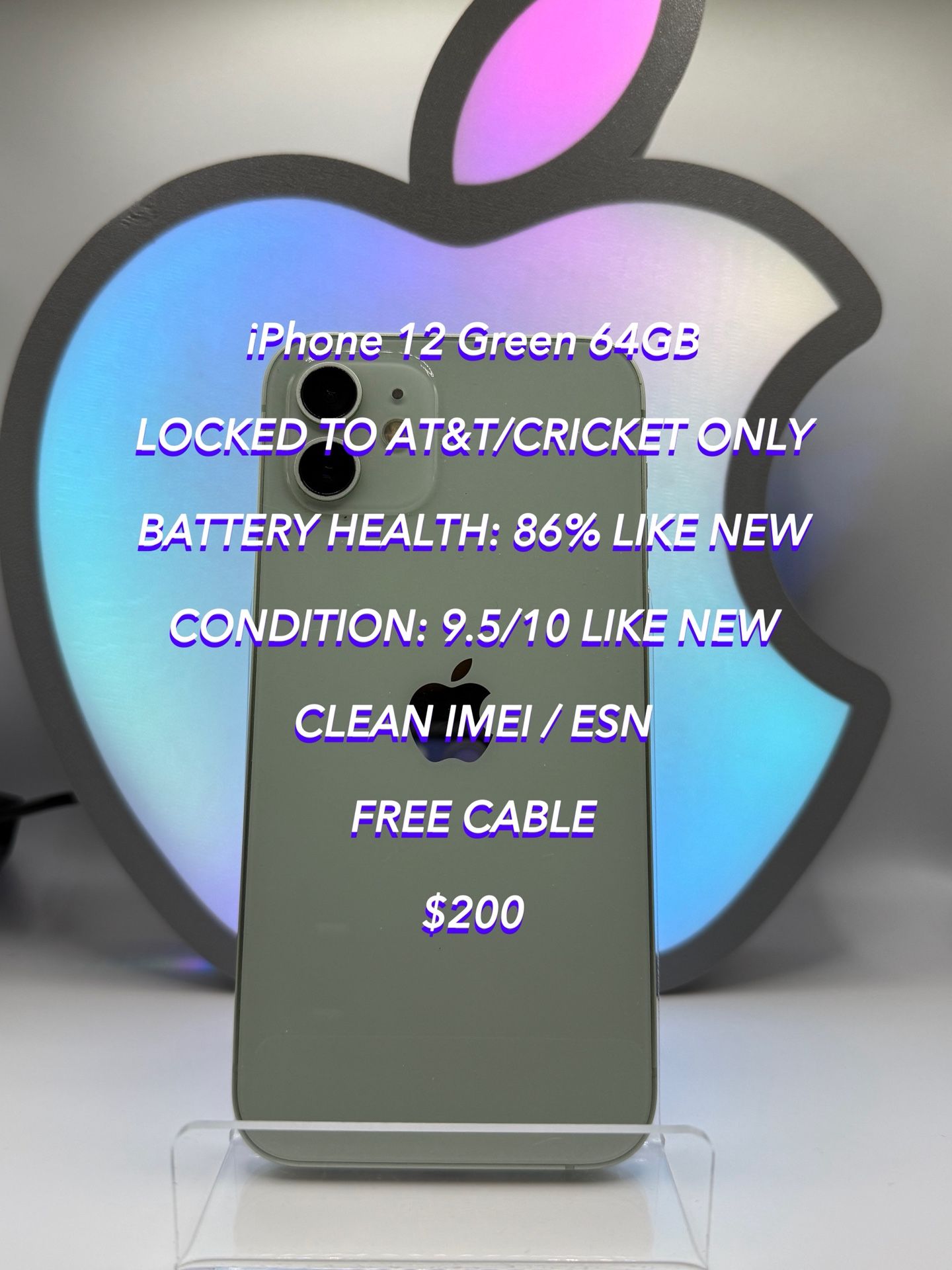 iPhone 12 Green 64GB LOCKED FOR AT&T/CRICKET Like New Authentic