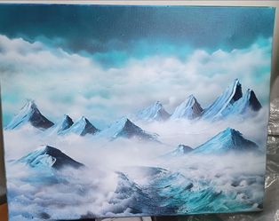 Original Snow Mountain Landscape Canvas Painting. Spray paint art on canvas