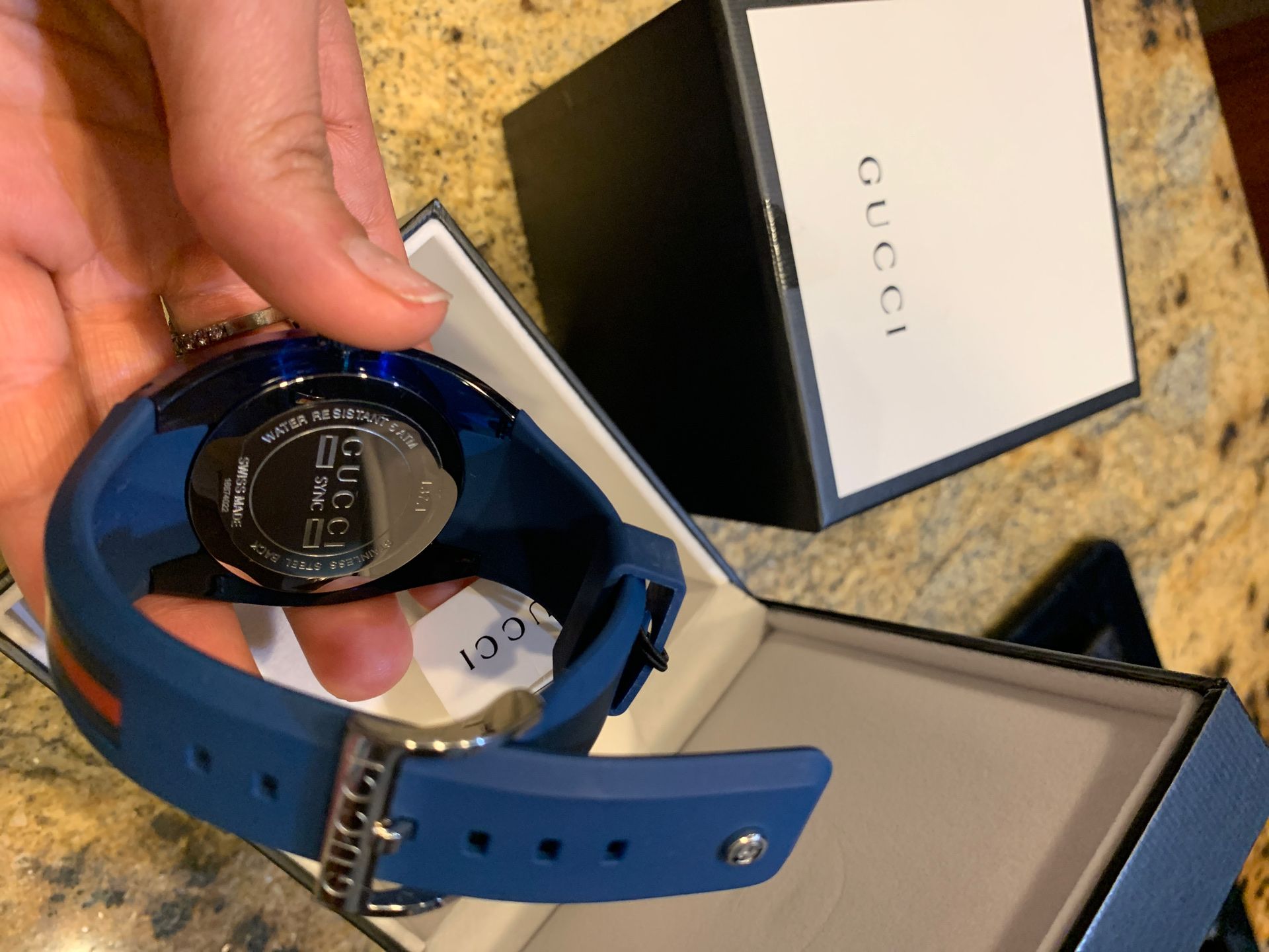 New Gucci Sync Unisex Swiss Blue and Red Rubber Strap Watch 46mm