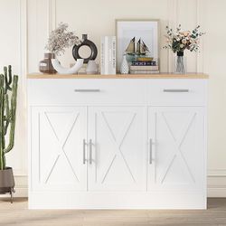 42" Barn Doors Buffet Cabinet with Storage and 3 Doors ，Wood Coffee Bar Cabinets with Adjustable Shelf for Kitchen Living Room,White