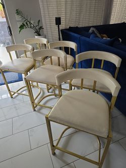 Set of 6 Gold Metal Bar Stools White Cushion