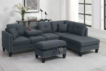 Sectional Sofa Dark Gray Storage Ottoman Included Accent Pillows Nailhead Trim Two Cup Holders  6x8 pick up can deliver