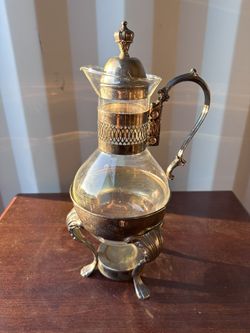 Elegant Silver‑Plated Glass Carafe w/ Candle Warmer – Vintage Mid‑Century