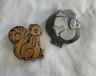 Vintage AJC Pig Bobble Pin and Wooden Squirrel Brooch Set
