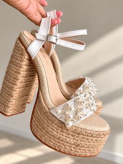 Size 8 Platform Espadrille Heels with Pearl Embellishment