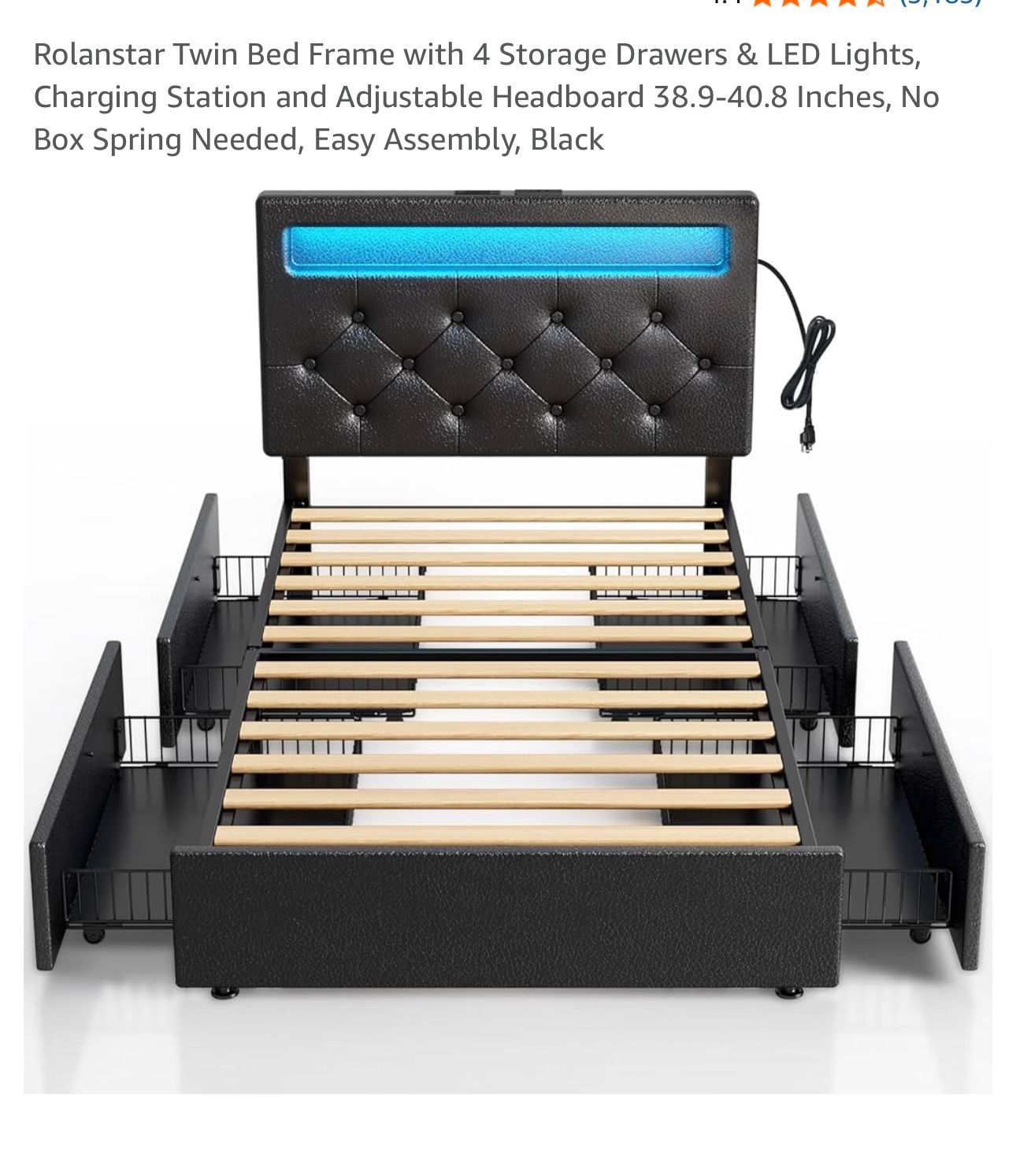 Rolanstar Twin Bed Frame with 4 Storage Drawers