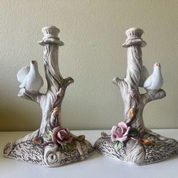 Pair of  Capodimonte porcelain bird and flower candle holders