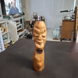 Vintage Hand Carved Solid Light Hardwood Bust Sculpture- Long Neck Folk Art Primitive Figurine 9.5" Tall 