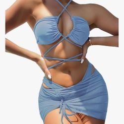 Women's 3 Piece Criss Cross Halter Bikini Set Sexy Cutout Wrap Strappy Swimsuit with Drawstring Mesh Beach Cover Up Skirt, MEDIUM