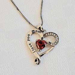Mother’s Gift “I Love You Mom” Sterling Silver S925 Heart Pendant 18” Necklace 