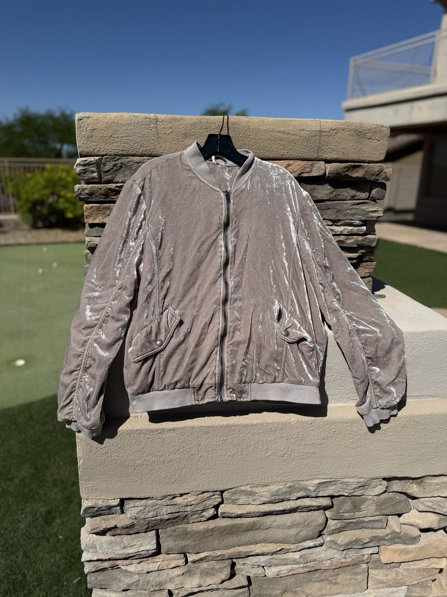 Free People Ruched Velvet Bomber Jacket women size large A moody and romantic take on an athletic style, this elegant bomber jacket is cut from plush