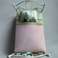 Miniature Dollhouse Metal Bed with Bedding