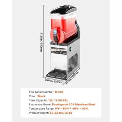 VEVOR Commercial Frozen Drink Maker, 15L Single Tank Slushy Machine, 60 Cups Stainless Steel Margarita Smoothie Frozen Drink Machine, Slushie Maker fo