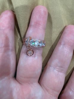 Rose Gold Tone Women's Rhinestone Dangle Charm Rhinestone Ring Silver Plated