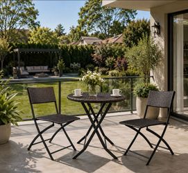 3 Pieces Folding Bistro Set PE Wicker Rattan Outdoor Patio Furniture Sets with Foldable Round Table and Chairs Perfect for Cafe Bar Garden Backyard Ba