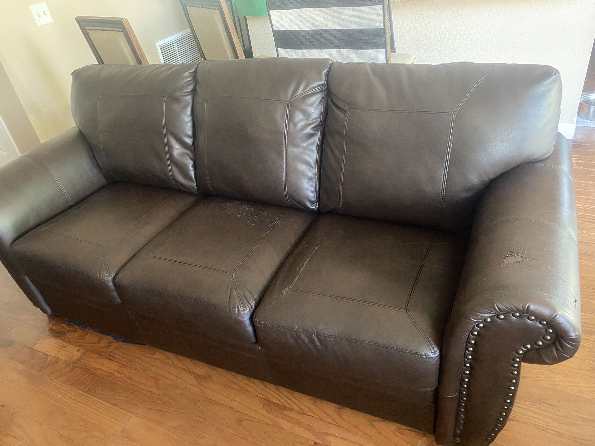 Brown Sofa/Faux leather with nail accent FREE
