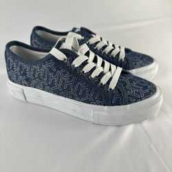 Tommy Hilfiger Women’s Size 5.5 Blue Monogram Canvas Lace Up Sneakers
