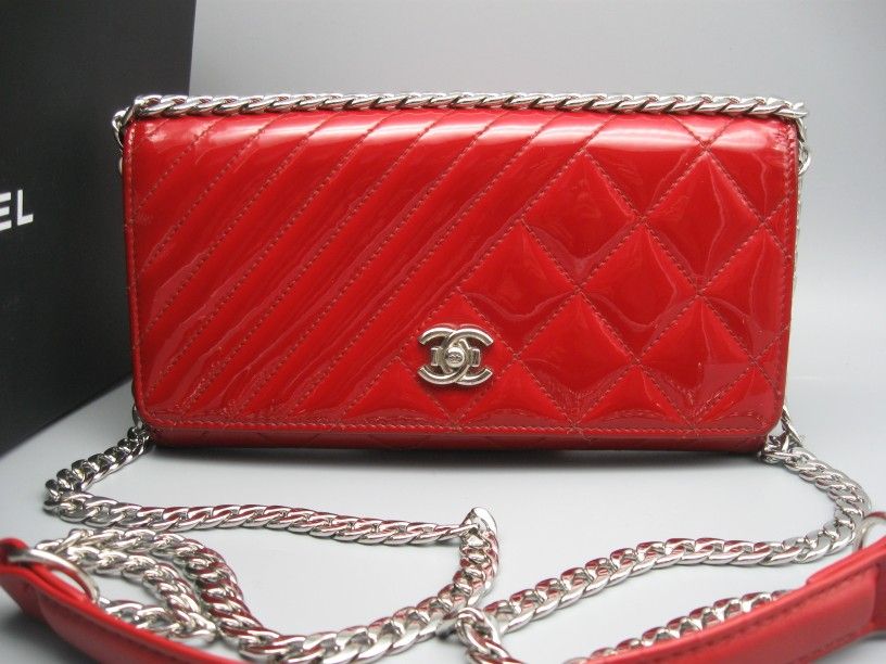 Authentic Chanel Red Patent Leather CC Logo Boy Bag Wallet
