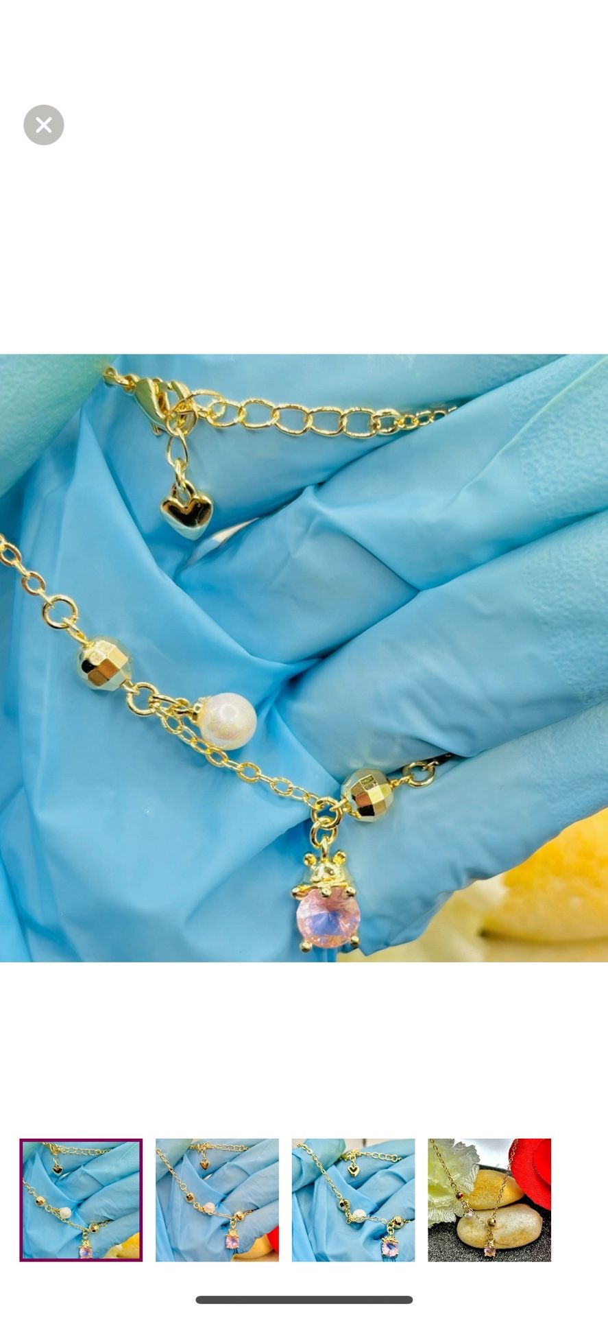 NEW 18K Yellow Gold Plated Charm Bracelet w/ Simulated Pearl & Pink Crystal CZ