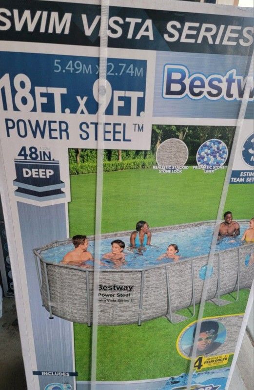 Brand New 18x9x48 Swimming Pool With filter pump, filter cartridge, pool cover, ladder, ChemConnect chlorine tablet dispenser