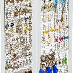 Earring Holder Organizer, 360 Rotating Jewelry Holder with Ring Tray/Necklace/Bracelet/Ring Hooks, White Earring stand with 4 Sides and 2 Wooden Trays