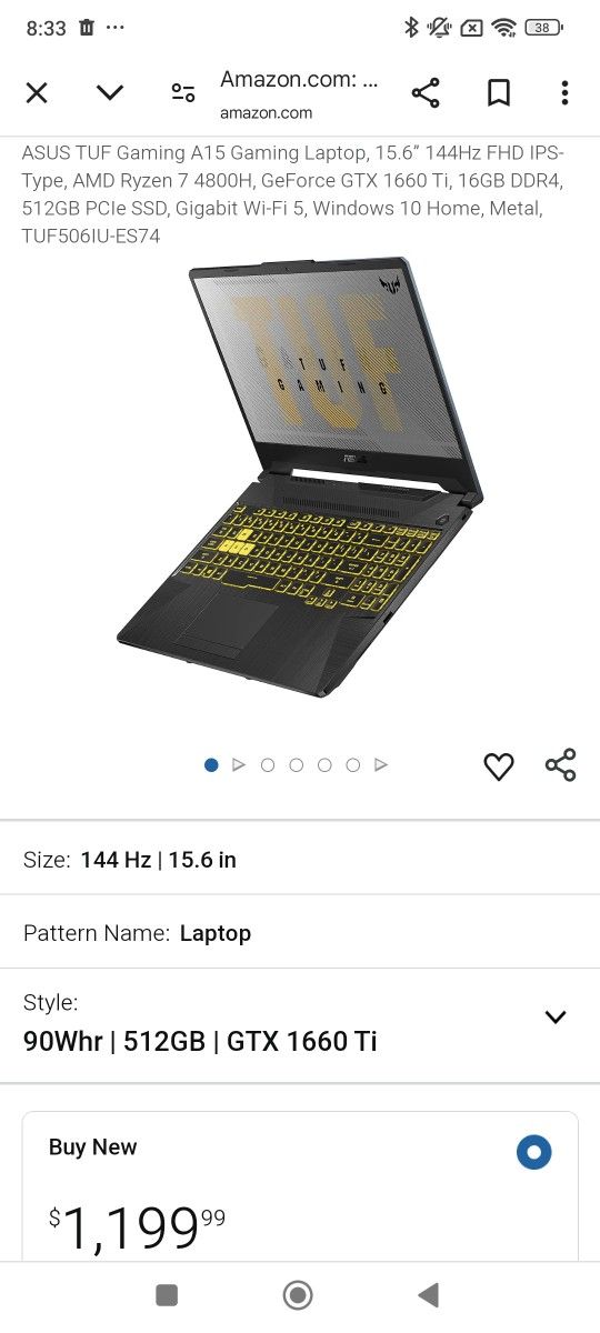 Asus Tuf 15 Laptop (Ryzen 4800 Cpu+ 1660ti Gpu