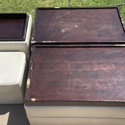 2 Wood/Ivory Faux Leather Coffee Tables & 1 Ottoman W/flip Top Cubit