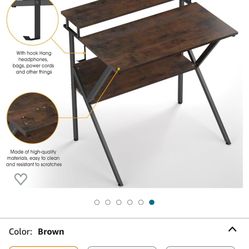 Aludest Computer Desk with 2-Tier Shelf Table for Small Spaces, Home Office Working Study Writing Table with Raised Shelf and Storage Drawer Student K