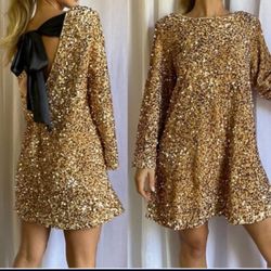 Sequined Sparkly Party Dresses Ribbon Long Sleeved Club Night Out Mini Dresses