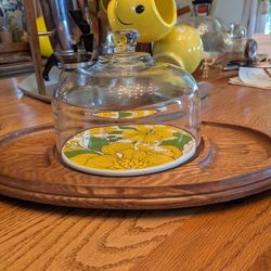 Vintage Mid Century GoodWood Charcuterie/Cheese Board/Tray With Flower Ceramic Tile And Glass Cover