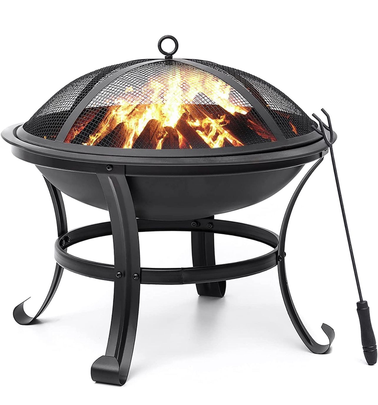 Fire Pit 22" Wood Burning Fire Pits Outdoor Firepit Steel BBQ Grill Fire Bowl with Spark Screen, Log