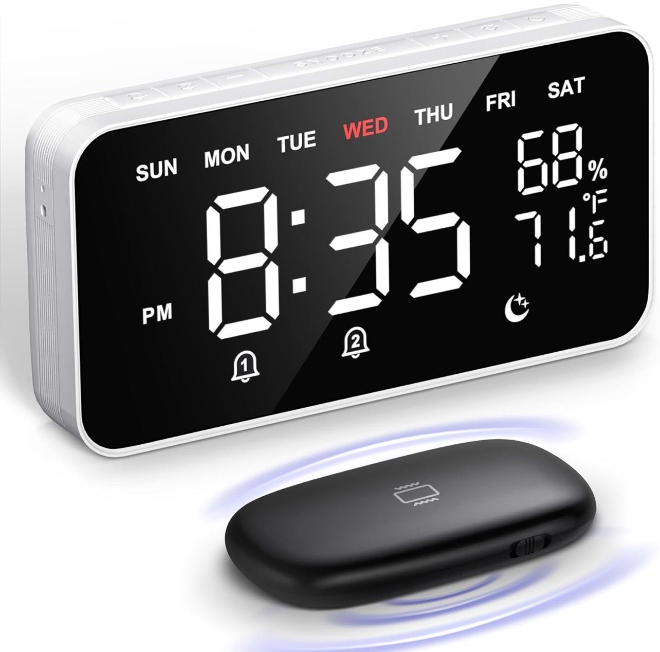 Dekala Bed Shaker Loud Alarm Clock for Heavy Sleepers Adults, Vibrating Dual Alarm Clocks for Bedrooms, Large Display Auto Dimmer,Temperature & Humidi