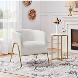 Accent Chair, Modern Barrel Chair, Boucle Fabric Vanity Chair with Golden Legs, Cozy Fuzzy Armchair for Living Room Makeup Room Bedroom Reading Nook I