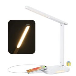LED Desk Lamp with USB Charging Port, Eye-Caring Table Lamps with Night Light, 10 Brightness Levels × 5 Color Modes, 1H Timer, Touch Control, Dimmable