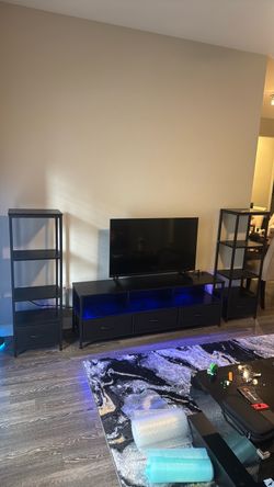 LED Entertainment System With 2 Bookcases and Charging Ports