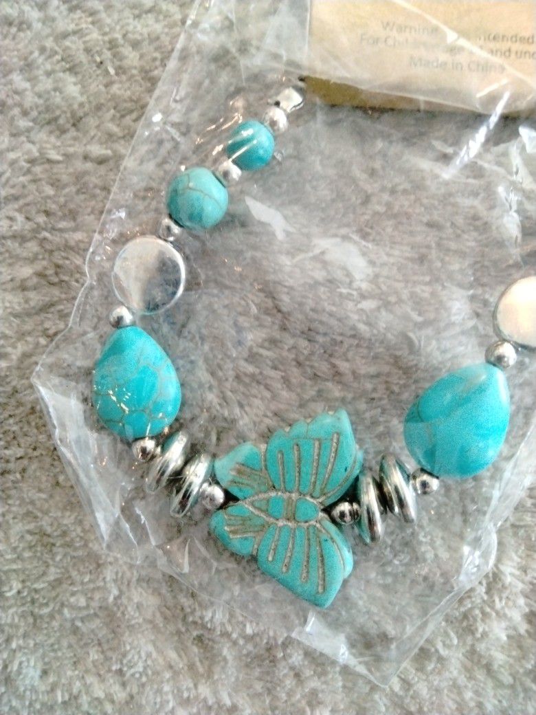 Hand Carved GORGEOUS Bracelet Silver Plated Beads And REAL Turquoise Beads Butterfly NEW